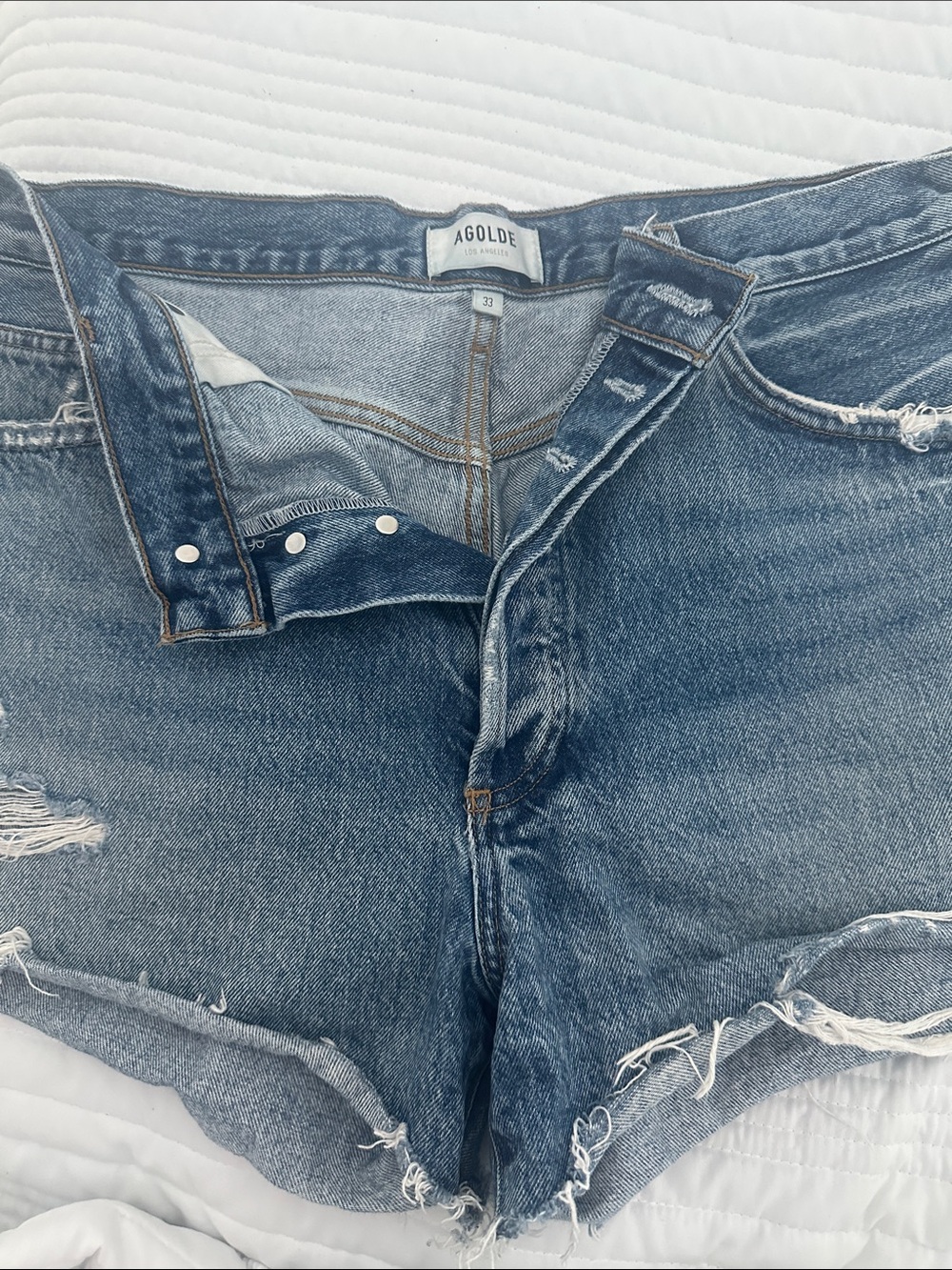 AGOLDE Light Blue Distressed Denim Shorts